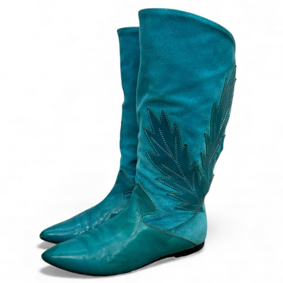 Vintage 70s 80s turquoise Italian suede leather applique mid calf flat boots 8 - Picture 3 of 15